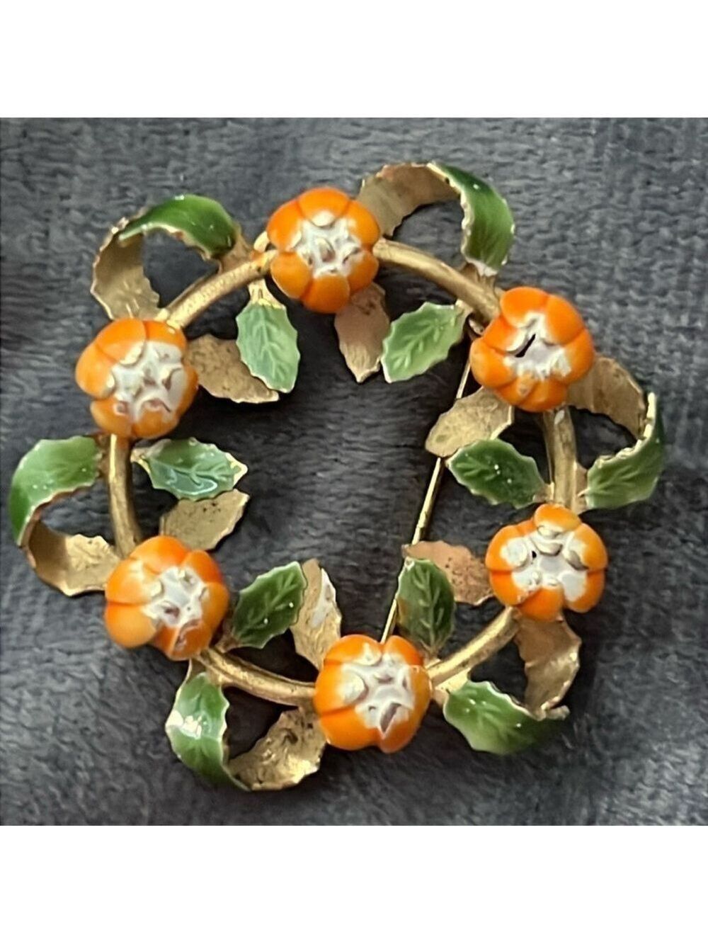 Zink Vintage Brooch Natural Stone Orange Flowers Green Enamel Leaves